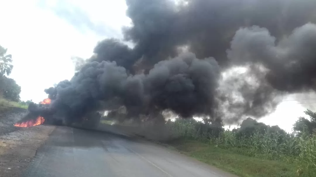 Fuel tanker overturns, catches fire in Oyam