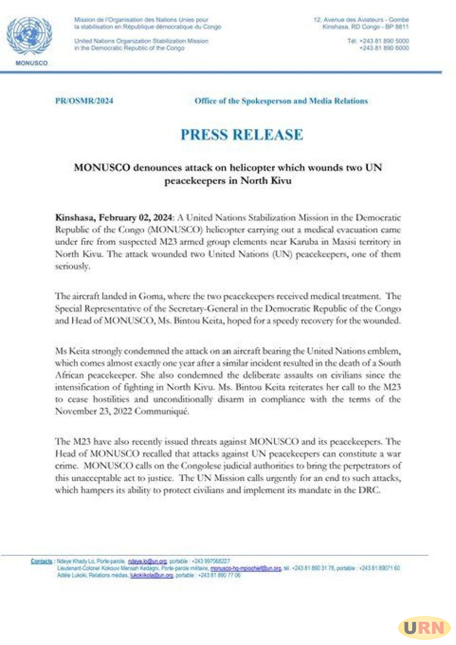 Two Peacekeepers Injured As MONUSCO Accuses M23 Of Shooting Helicopter In North kivu